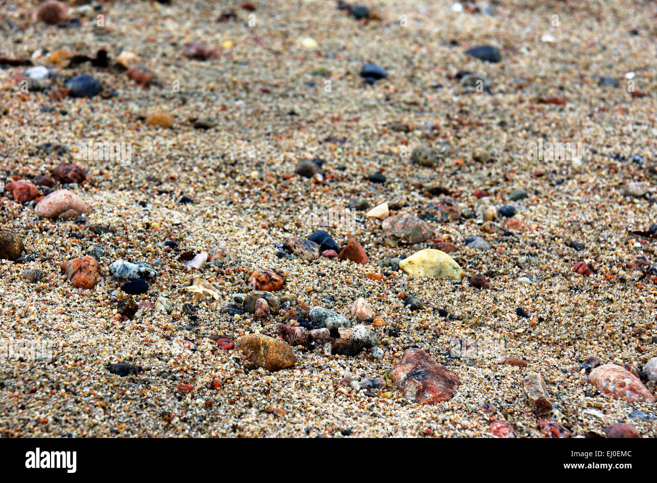 Wet sand and rocks on a beach, closeup, shallow DOF Stock Photo