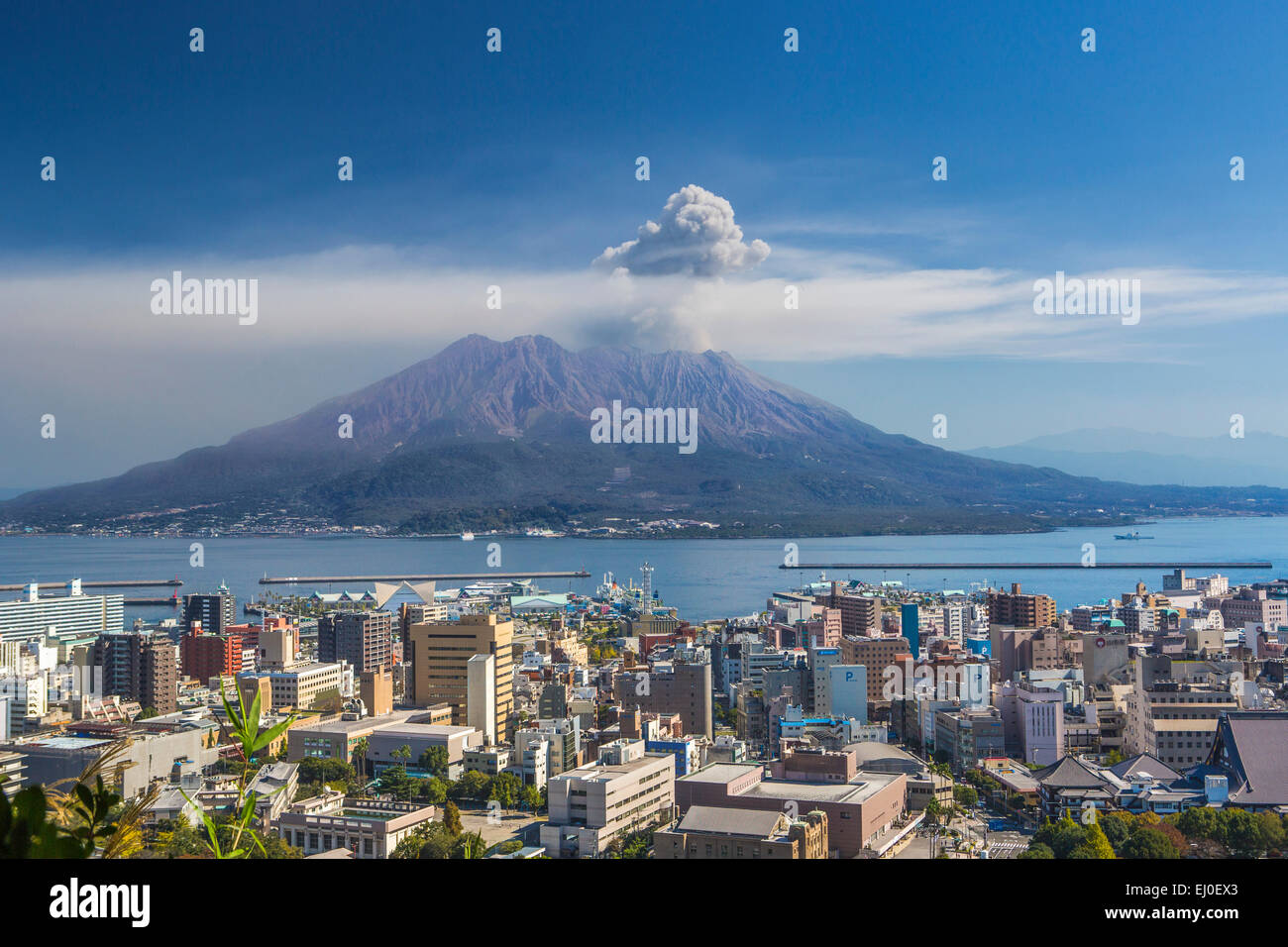 City, Japan, Asia, Kagoshima, Kyushu, Landscape, Sakurajima, Volcano, active, colourful, mountain, fall, island, no people, panor Stock Photo