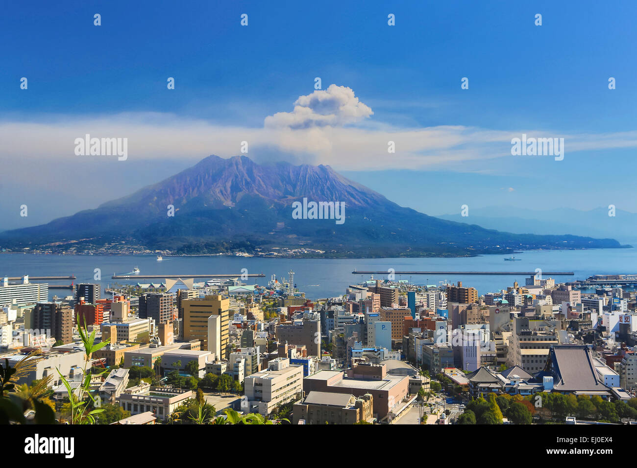 City, Japan, Asia, Kagoshima, Kyushu, Landscape, Sakurajima, Volcano, active, colourful, mountain, fall, island, no people, panor Stock Photo