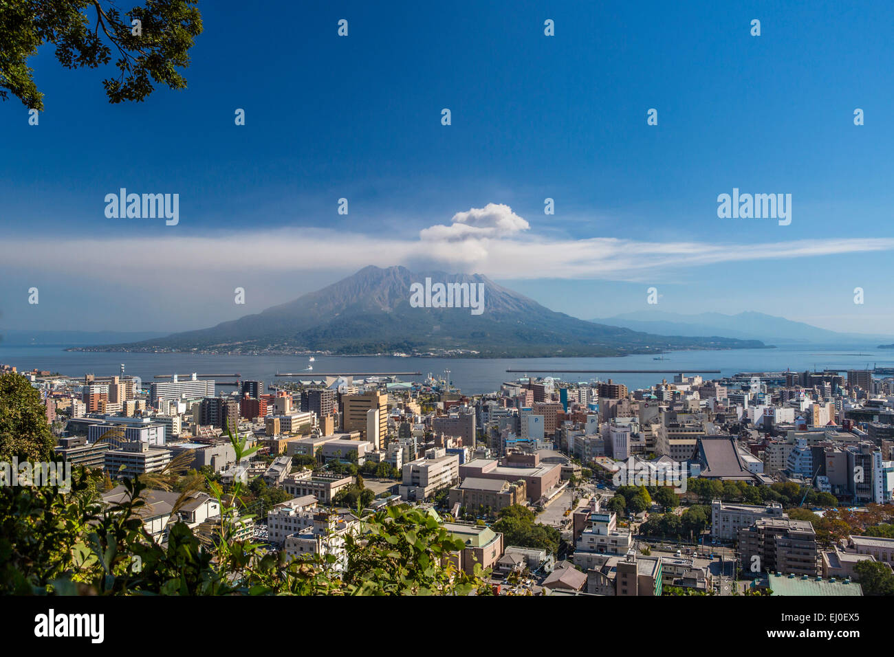 City, Japan, Asia, Kagoshima, Kyushu, Landscape, Sakurajima, Volcano, active, colourful, mountain, fall, island, no people, panor Stock Photo