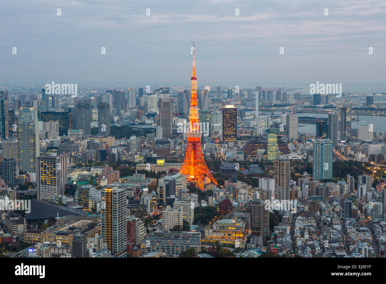 City, Japan, Asia, Landscape, Roppongi Hills, Tokyo, Tokyo Tower, architecture, colourful, lights, minato-ku, no people, panorama Stock Photo