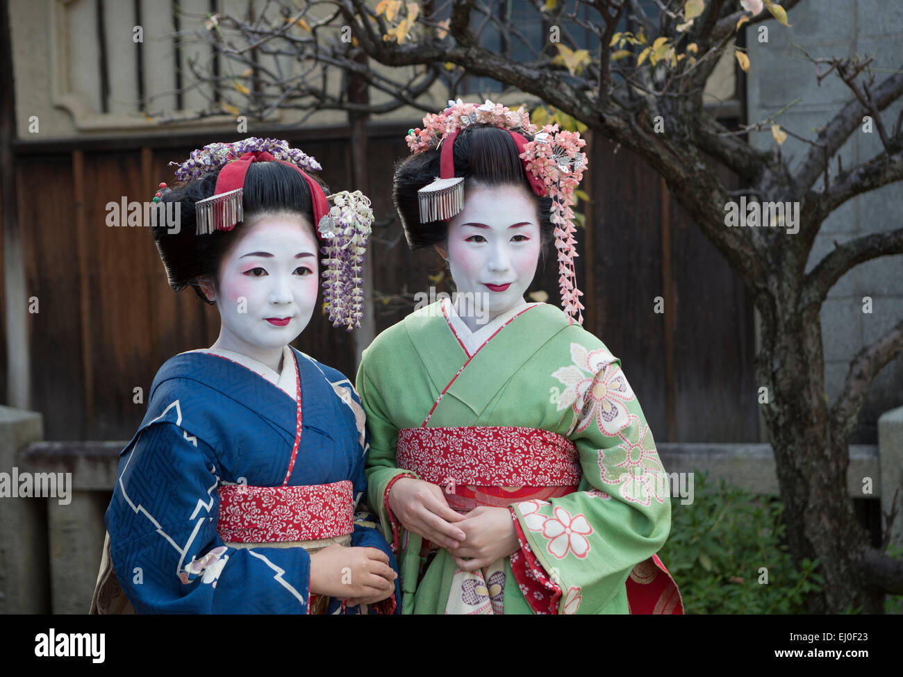 Candid, Individual, Japan, Asia, Kyoto, Outdoor, back, colourful, costume, fall, geishas, no model-release, girls, Japanese, kimo Stock Photo