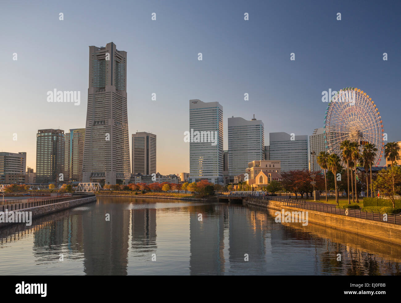 Building, Japan, Asia, Landmark, Yokohama, City, architecture, canal, ferris wheel, reflection, skyline, evening, warm Stock Photo