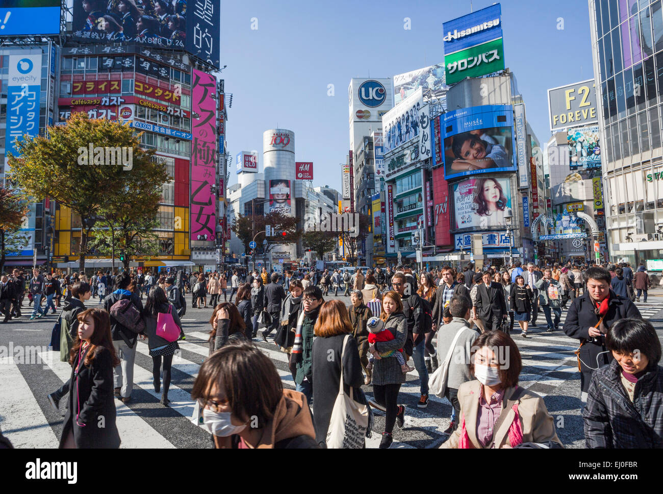 Center, City, Hachiko, Japan, Asia, Tokyo, architecture, colourful, commercials, advertising, crossing, fall, famous, mask, peopl Stock Photo
