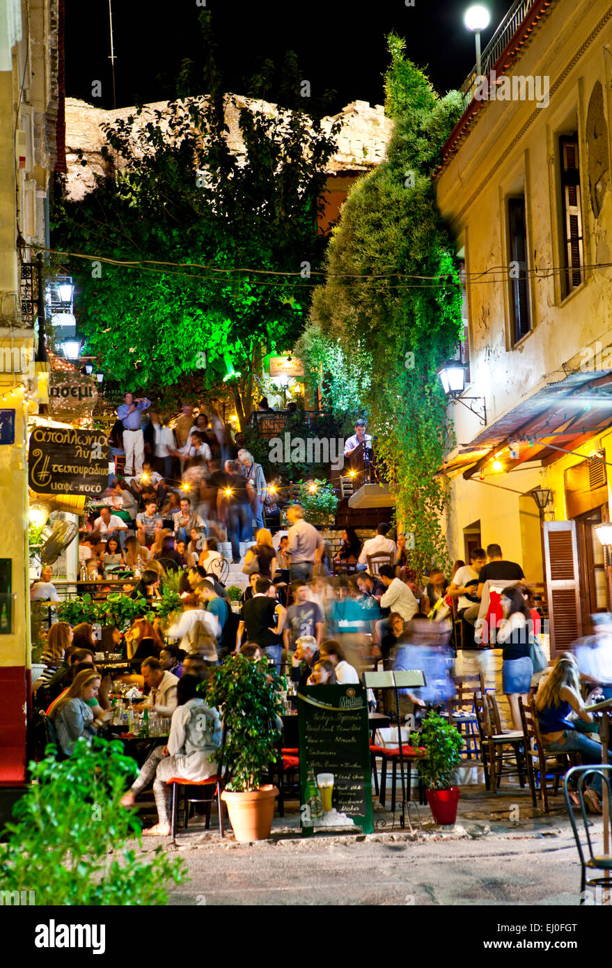 Plaka Street Cafe at night in Athens, Greece. Stock Photo