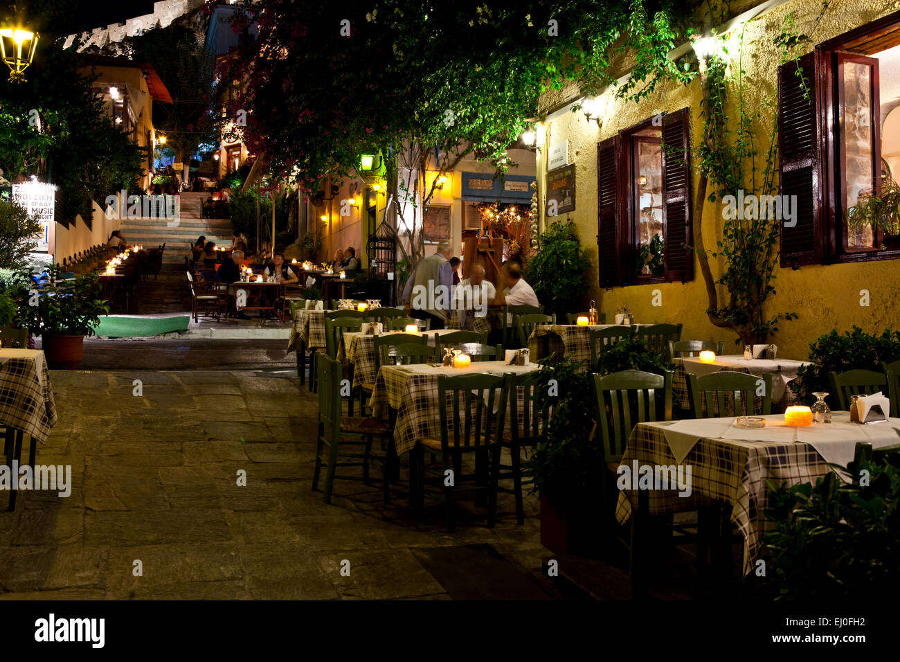 Plaka Street Cafe at night in Athens, Greece. Stock Photo