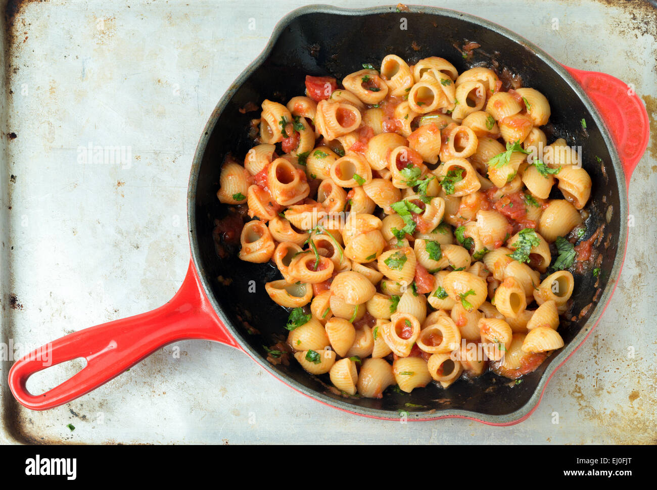 Gomiti elbow pasta shells in arrabbiata tomato, garlic and chili sauce