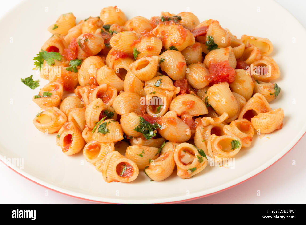 Gomiti elbow pasta shells tossed in arrabbiata tomato, garlic and chili sauce and served with chopped parsley Stock Photo