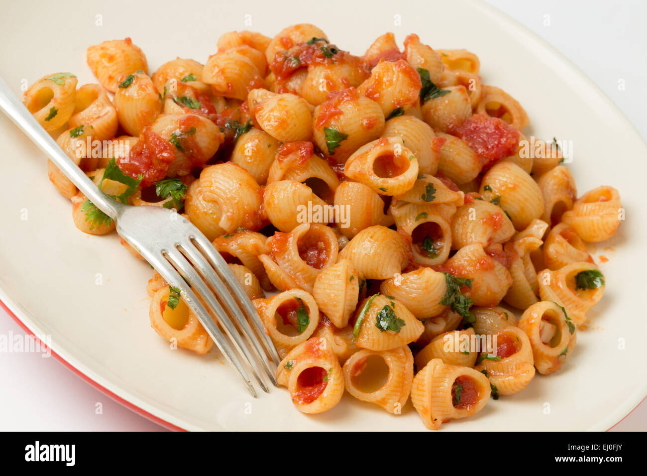 Gomiti elbow pasta shells tossed in arrabbiata tomato, garlic and chili sauce and served with chopped parsley Stock Photo