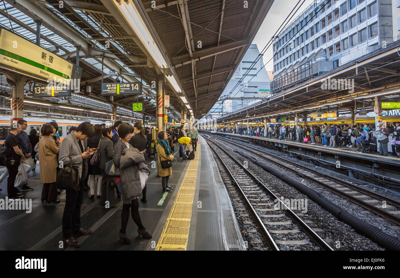 JR, Japan, Asia, Shinjuku, Station, Tokyo, commute, communication, long, people, platform, railroad, train, transport, travel, wa Stock Photo