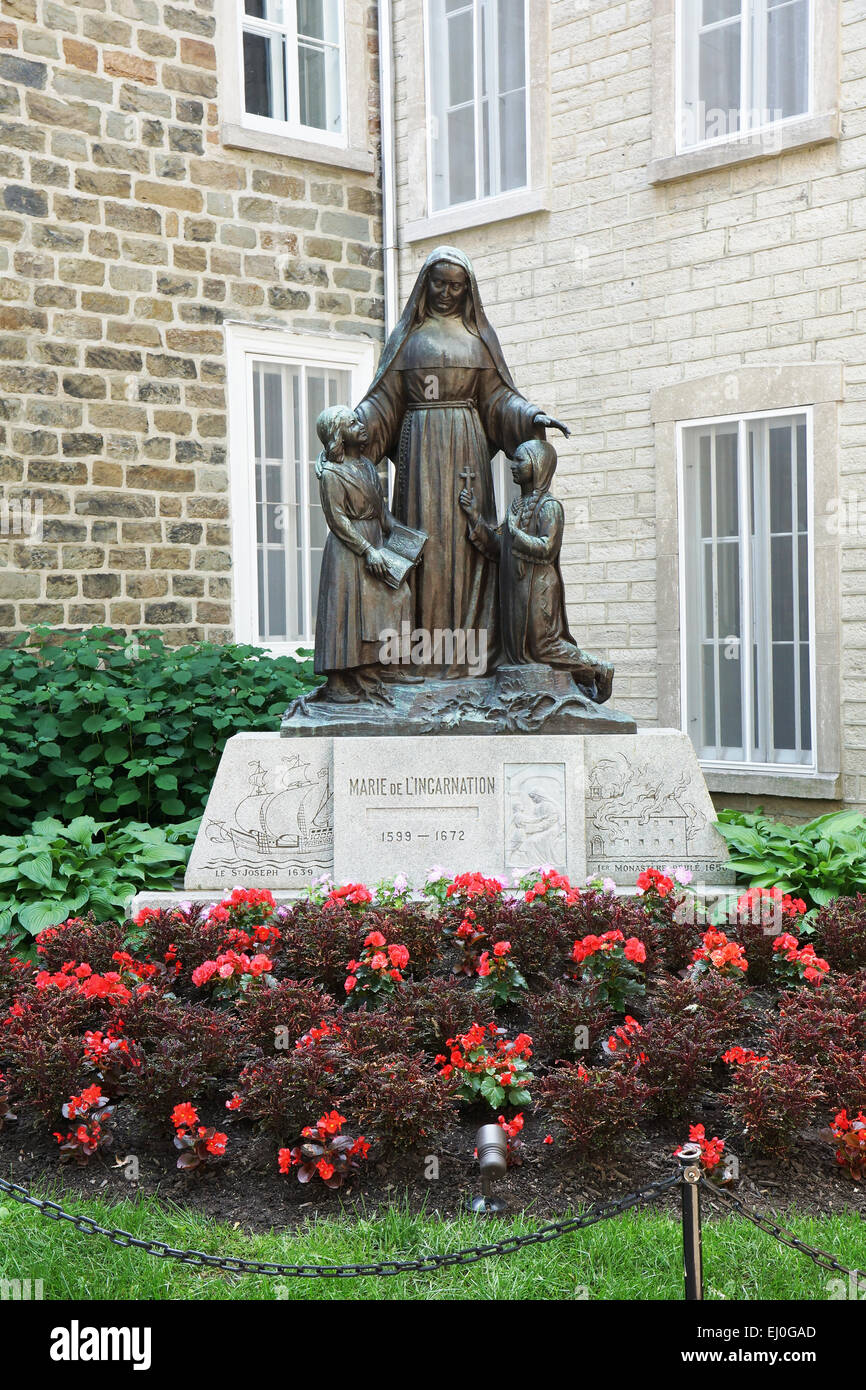 Statue of Marie of the incarnation in historical Old Quebec, Canada. Stock Photo