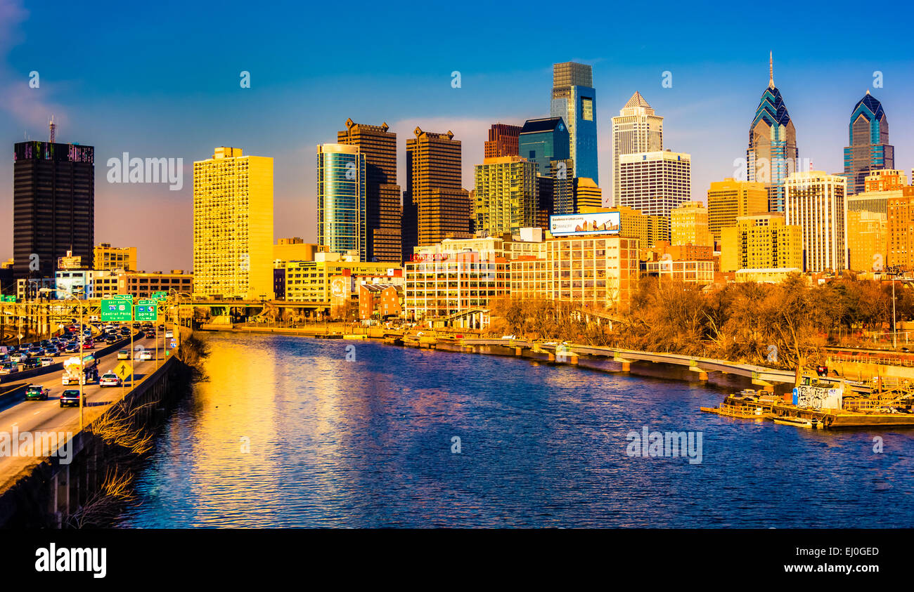 The Philadelphia skyline and Schuylkill River seen from the South Street Bridge in Philadelphia, Pennsylvania. Stock Photo