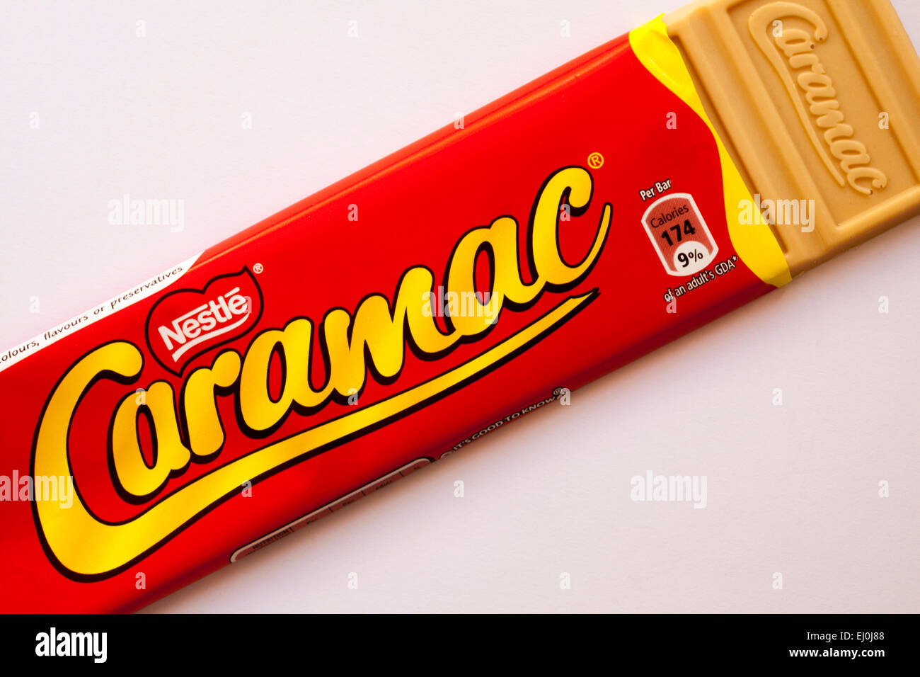 bar of Nestle Caramac chocolate set on white background - looking down on from above Stock Photo