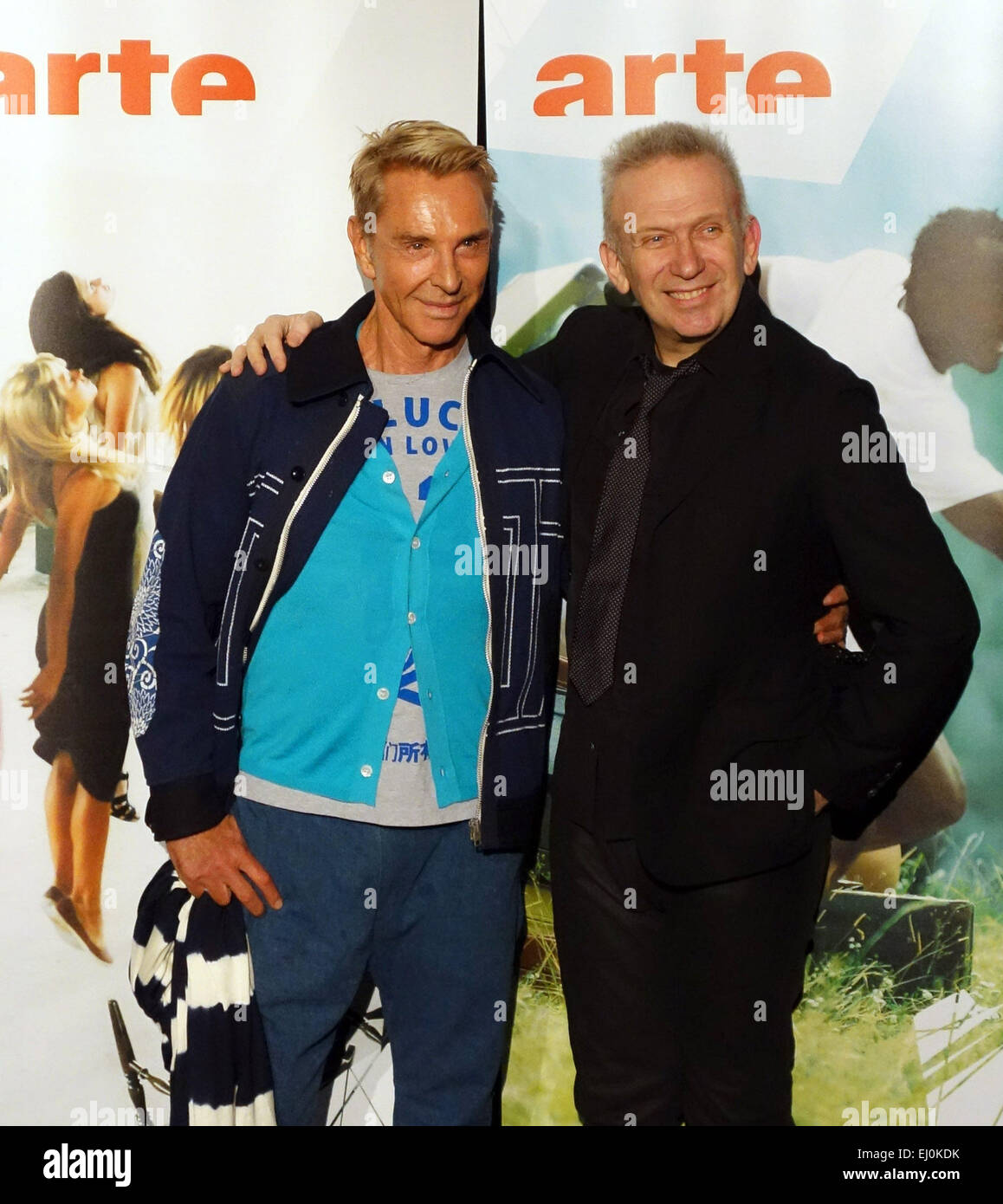 Berlin, Germany. 16th Mar, 2015. German Designer Wolfgang Joop (l) and French designer Jean Paul Gaultier pose together during the premiere of the documentary 'Jean Paul Gaultier arbeitet' (lit. Jean Paul Gaultier at work) at the Schwuz centre in Berlin, Germany, 16 March 2015. Photo: Xamax/dpa - NO WIRE SERVICE -/dpa/17�Թ����� Live News Stock Photo