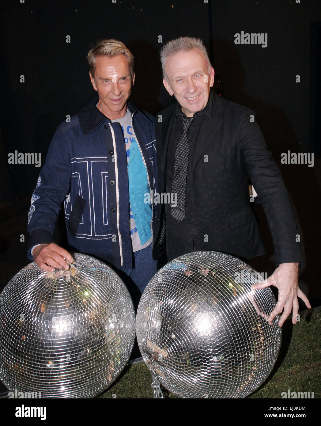 Berlin, Germany. 16th Mar, 2015. German Designer Wolfgang Joop (l) and French designer Jean Paul Gaultier pose together during the premiere of the documentary 'Jean Paul Gaultier arbeitet' (lit. Jean Paul Gaultier at work) at the Schwuz centre in Berlin, Germany, 16 March 2015. Photo: Xamax/dpa - NO WIRE SERVICE -/dpa/17�Թ����� Live News Stock Photo