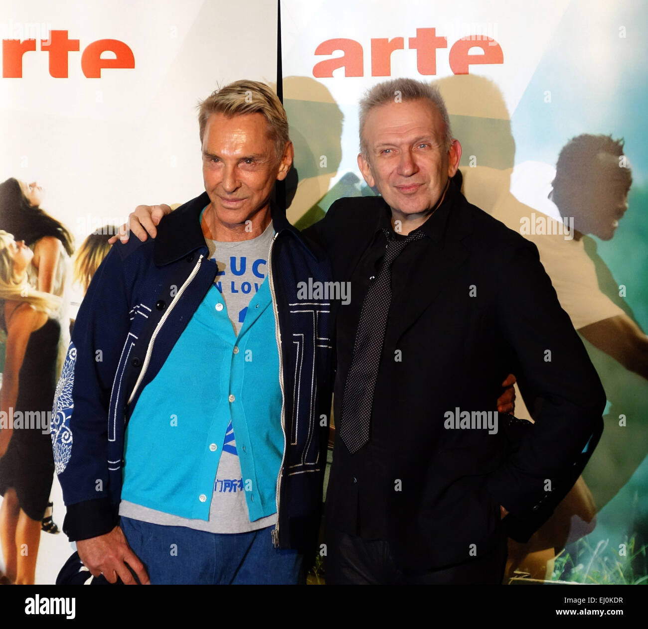Berlin, Germany. 16th Mar, 2015. German Designer Wolfgang Joop (l) and French designer Jean Paul Gaultier pose together during the premiere of the documentary 'Jean Paul Gaultier arbeitet' (lit. Jean Paul Gaultier at work) at the Schwuz centre in Berlin, Germany, 16 March 2015. Photo: Xamax/dpa - NO WIRE SERVICE -/dpa/17�Թ����� Live News Stock Photo