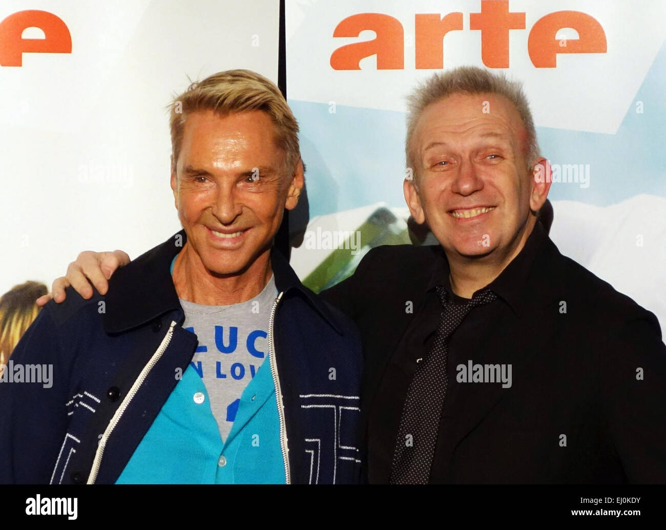 Berlin, Germany. 16th Mar, 2015. German Designer Wolfgang Joop (l) and French designer Jean Paul Gaultier pose together during the premiere of the documentary 'Jean Paul Gaultier arbeitet' (lit. Jean Paul Gaultier at work) at the Schwuz centre in Berlin, Germany, 16 March 2015. Photo: Xamax/dpa - NO WIRE SERVICE -/dpa/17�Թ����� Live News Stock Photo