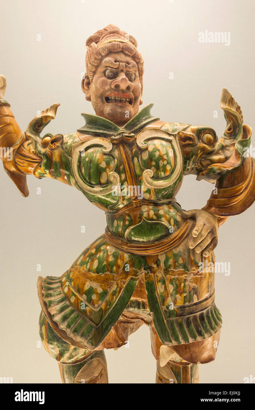 China, Shanghai, Shanghai Museum, Tang Dynasty (618-907 AD) Glazed Pottery Statue of a Heavenly Guardian Stock Photo