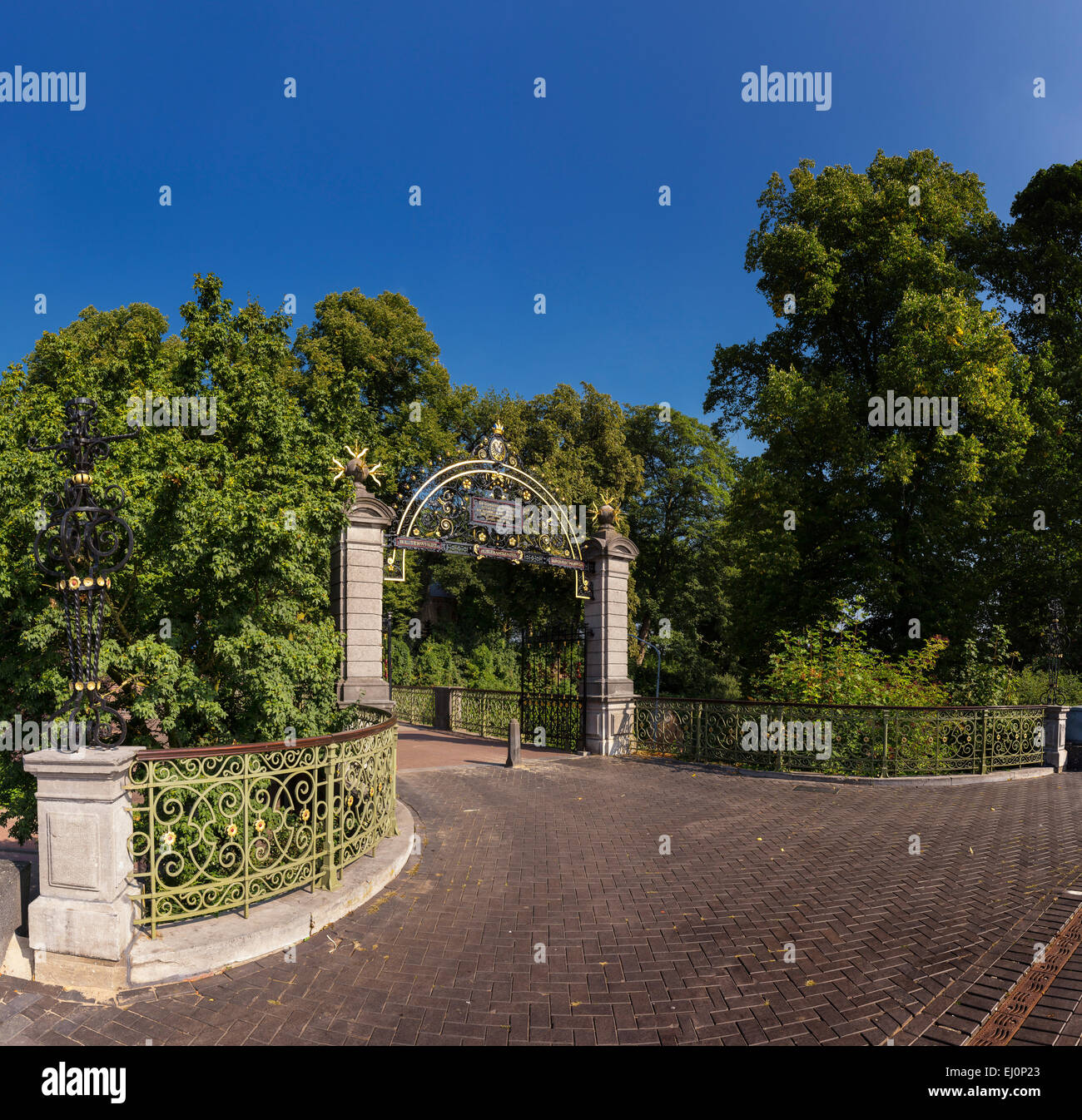 Netherlands, Holland, Europe, Nijmegen, Gelderland, entrance, Valkof, park, Gate, trees, summer, Stock Photo