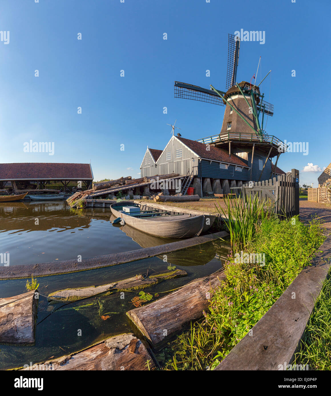 Netherlands, Holland, Europe, IJlst, Friesland, windmill, water, summer, Woodcutting windmill, Rat, Stock Photo