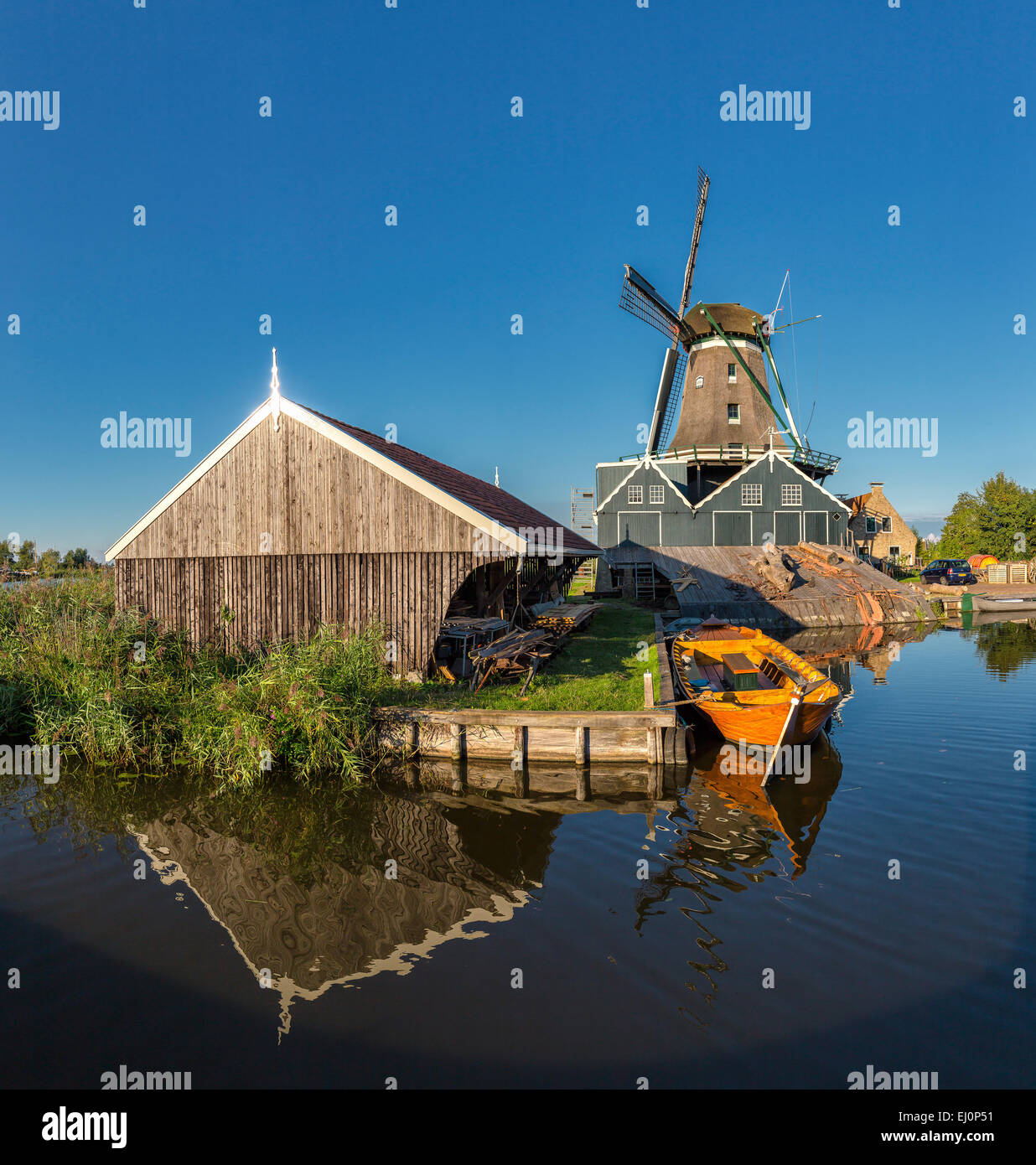 Netherlands, Holland, Europe, IJlst, Friesland, windmill, water, summer, Woodcutting windmill, Rat, Stock Photo