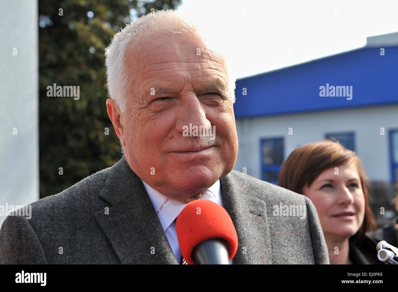 Former president Vaclav Klaus speaks with journalists in front of the seat in Pribram, central Bohemia, Czech Republic, on March 17, 2015. ZAT is the oldest company in the area of automation in the Czech Republic and the sector's co-founder in the world. Sales of Czech control systems producer ZAT Pribram fell below Kc500m in the past fiscal year ending at the end of March this year after a fall of 30 percent to Kc531.5m in the previous fiscal year. The fall was caused by the impacts of the economic crisis on the nuclear energy sector. This year the company expects its sales to grow to Kc650m  Stock Photo