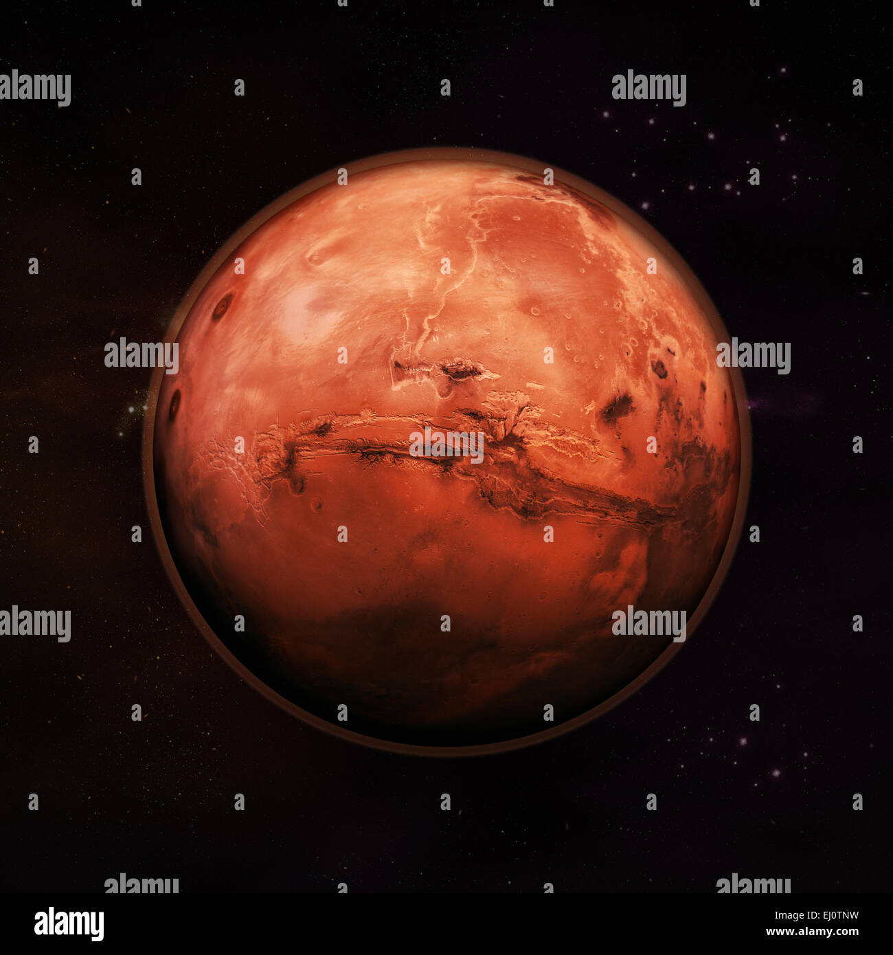 Mars in space, red rock with red atmosphere with stars in