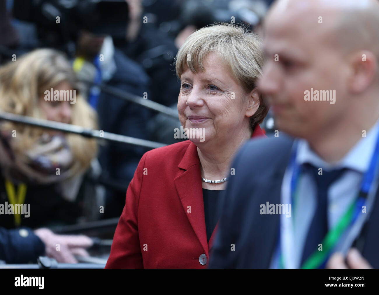 Brussels, Beglium. 19th Mar, 2015. Germany's Chancellor Angela Merkel arrives at the European Council headquarters ahead of the European Union (EU) summit in Brussels, Beglium, March 19, 2015. Credit:  Ye Pingfan/Xinhua/Alamy Live News Stock Photo