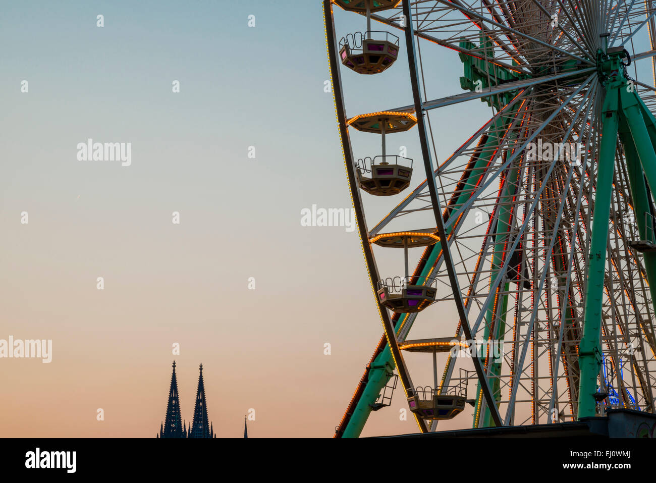 Evening, outside, lighting, screen window, Germany, Europe, gondola, fair, Cologne, lights, wheel, traveling, big dipper, round, Stock Photo