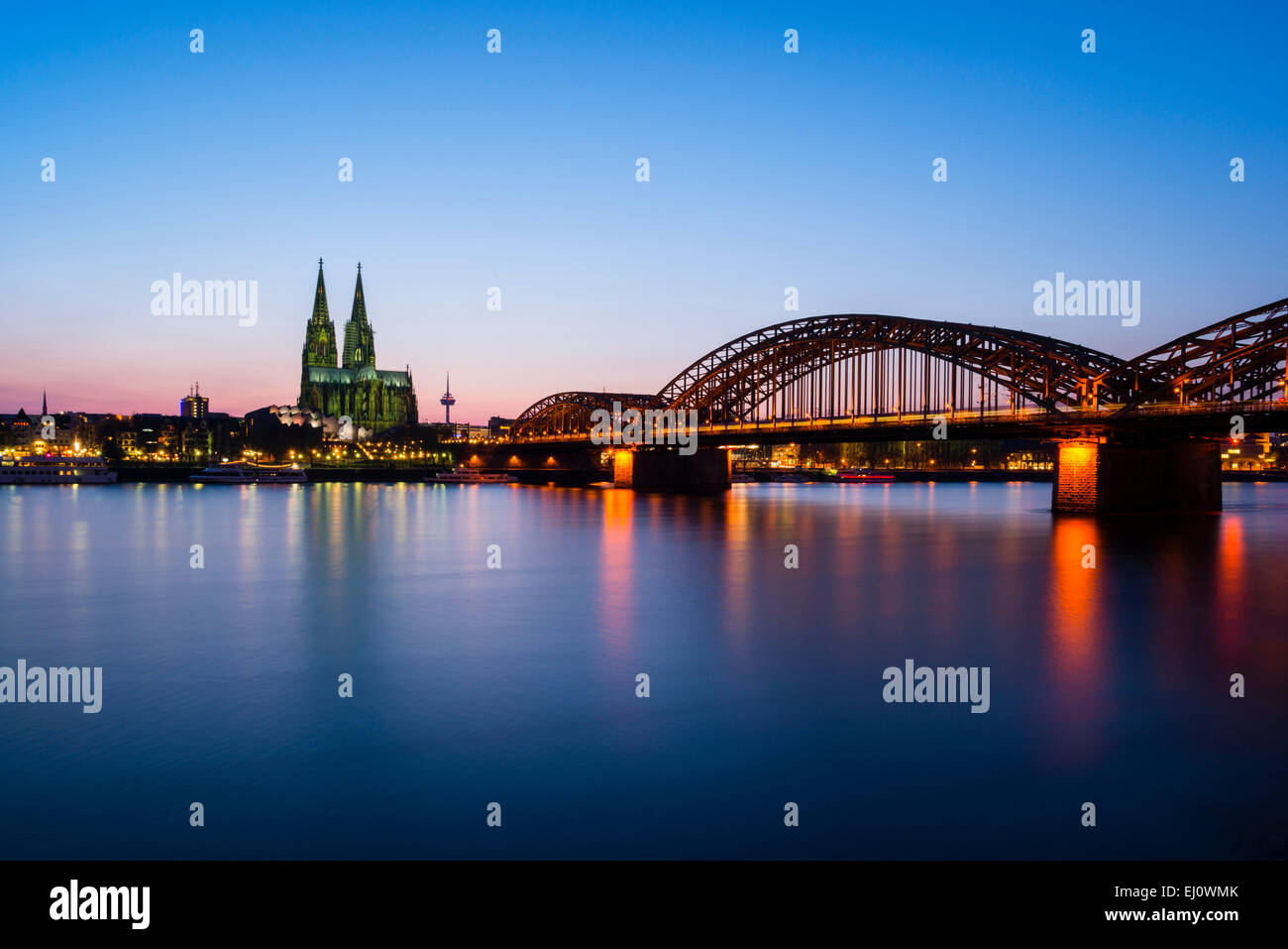Evening, evening sky, afterglow, evening, architecture, outside, lights, bridge, Germany, cathedral, dome, cathedral church, rail Stock Photo
