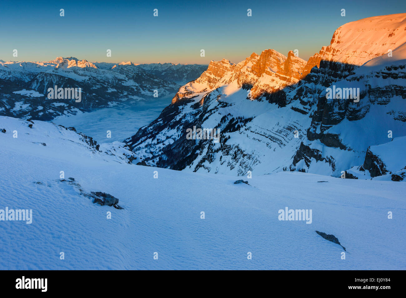 Alps, alpenglow, alpin glow, view, mountain, mountain panorama, mountains, mountain massif, Brisi, Churfirsten, Chäserrugg, rock, Stock Photo