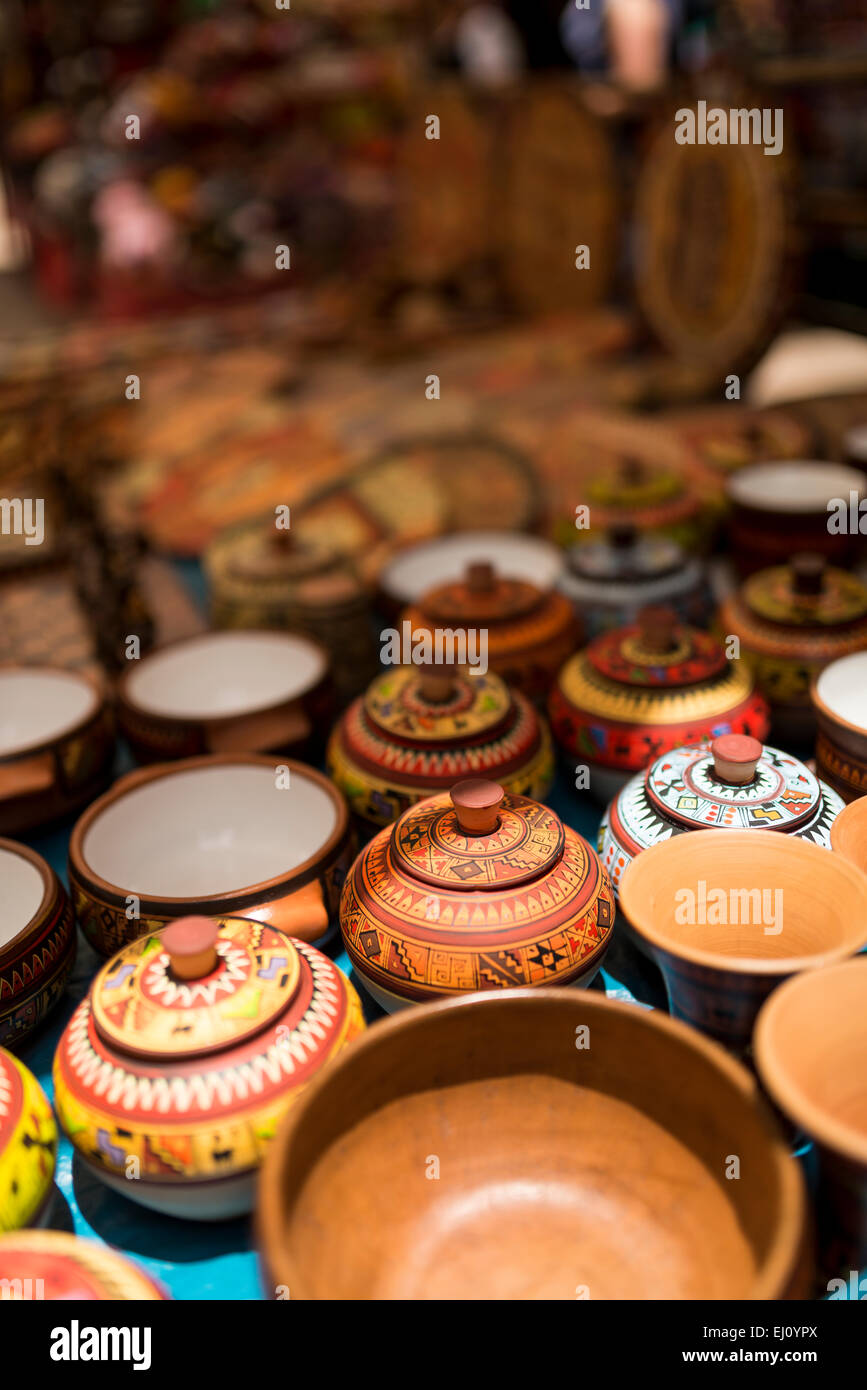 Pottery for sale at Pisac Textiles Market, Sacred Valley, Peru Stock Photo