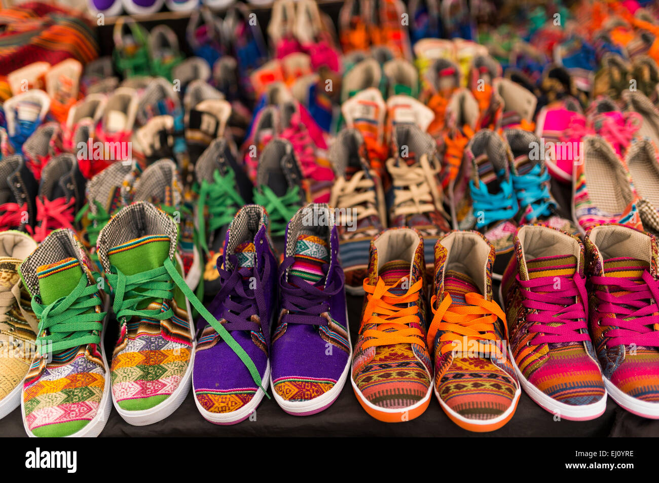 Shoe stall, Pisac Textiles Market, Sacred Valley, Peru Stock Photo