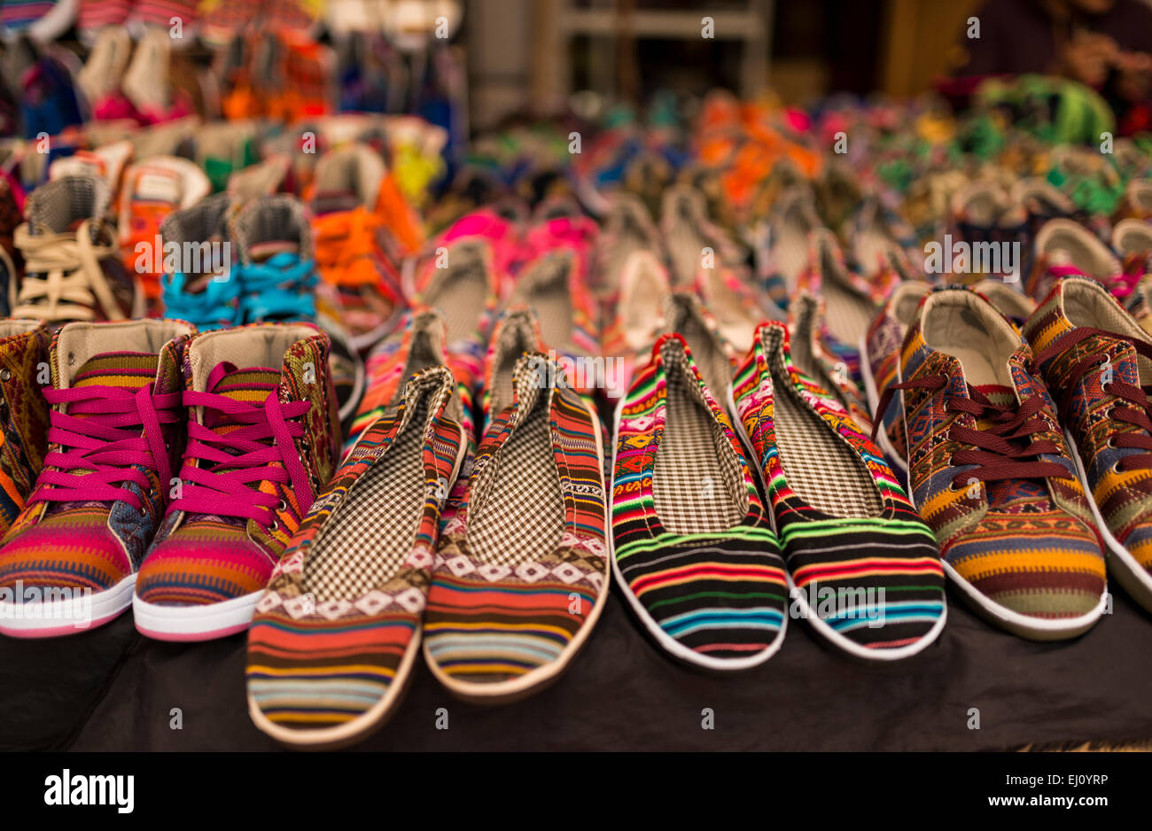 Shoe stall, Pisac Textiles Market, Sacred Valley, Peru Stock Photo