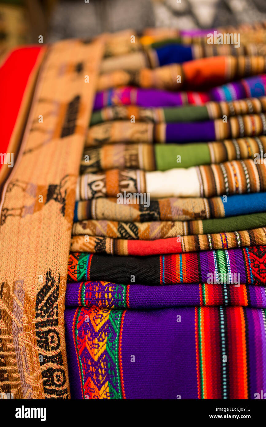 Traditional Textiles at  Pisac Textiles Market, Sacred Valley, Peru Stock Photo