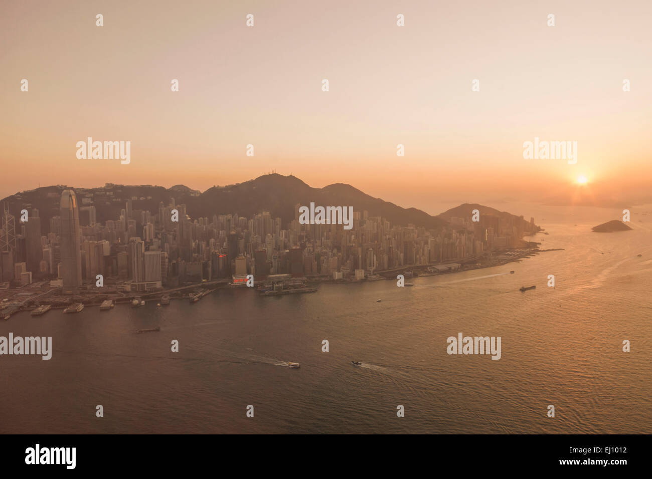 China, Hong Kong, International Commerce Centre, View of Sunset over Hong Kong Island from The Sky100 Observation Deck Stock Photo