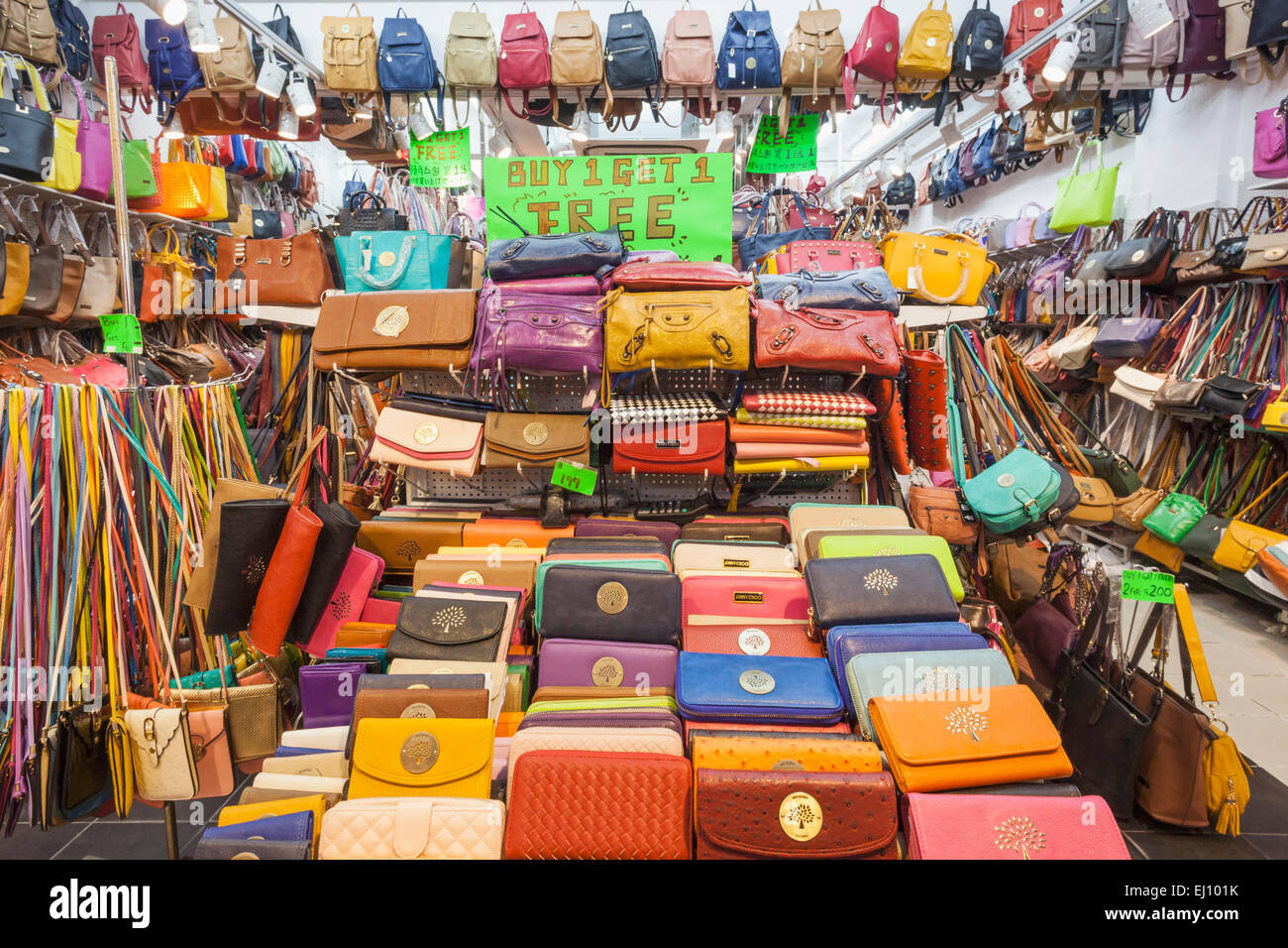 China, Hong Kong, Stanley Market, Shop Display of Fake Purses and Handbags Stock Photo