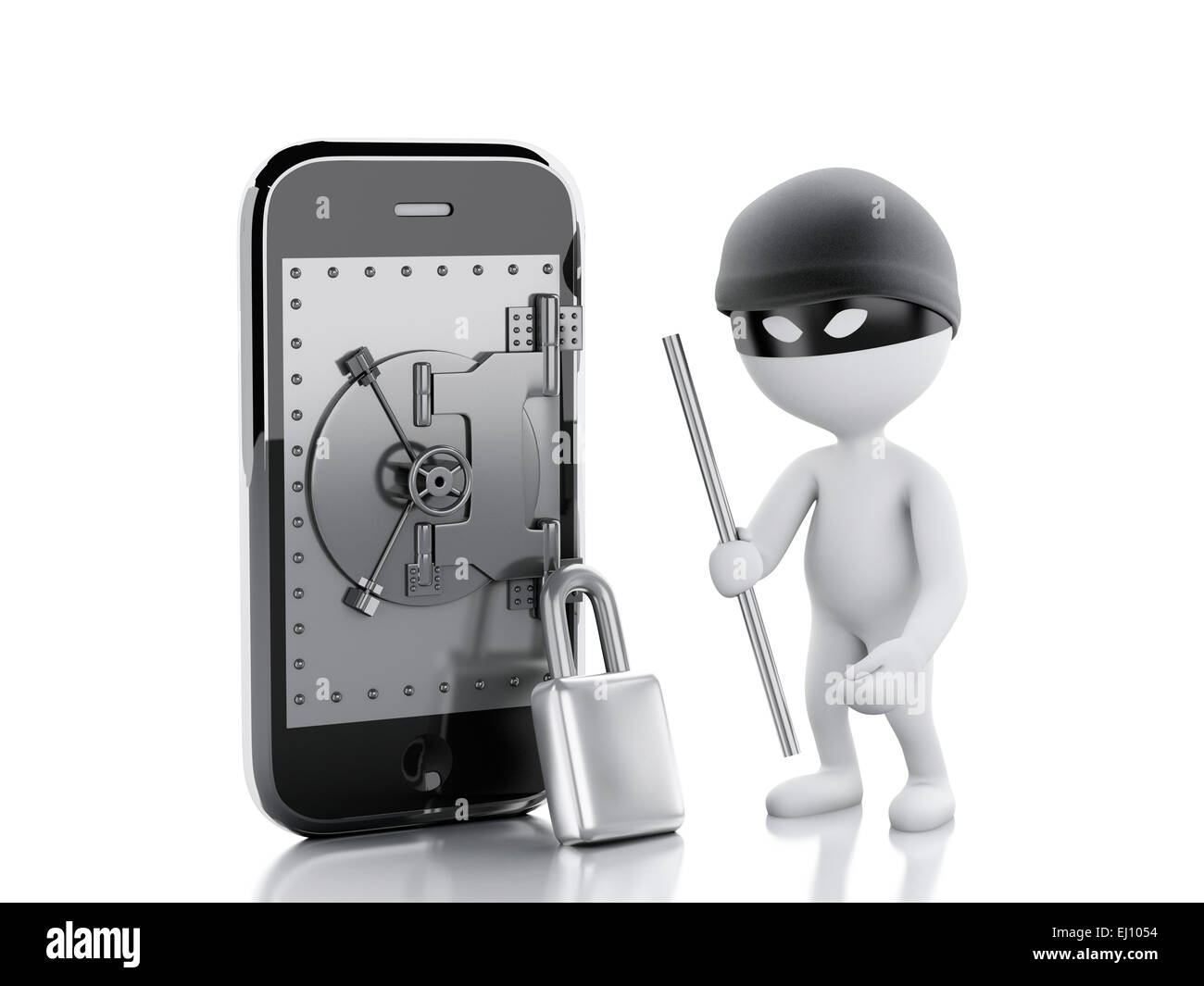 3d image. White people thief. Smartphone with safe door. Mobile