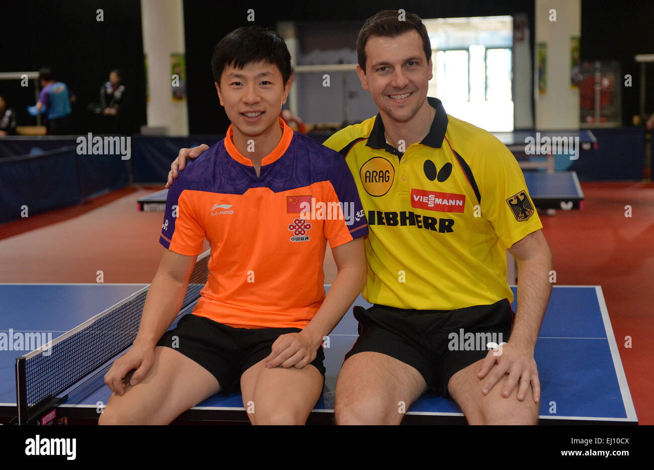 Bremen Germany 19th Mar 2015 Chinese World Number 1 Ma Long R And Timo Boll Sit Together At A Media Event At The German Open In Bremen Germany 19 March 2015 Photo
