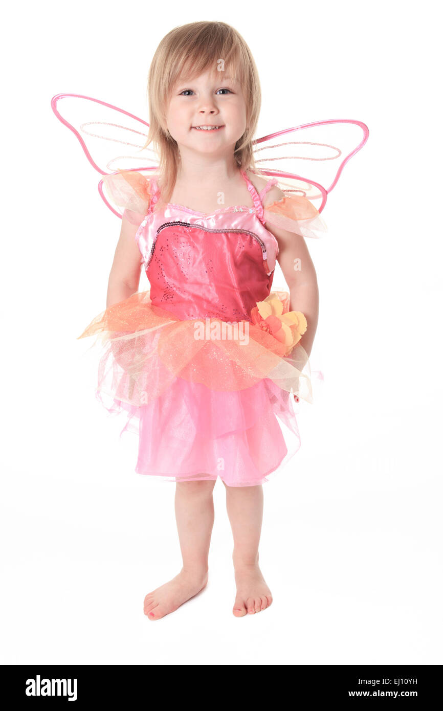 Little girl in butterfly costume on white background Stock Photo Alamy