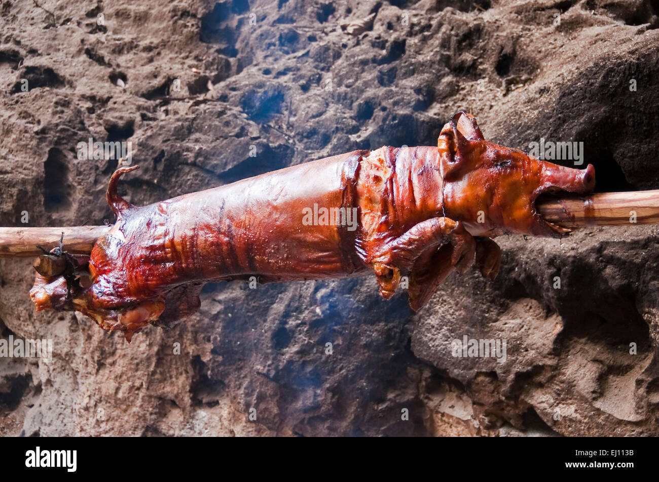 Horizontal view of a hog roast on a makeshift spit in Cuba. Stock Photo