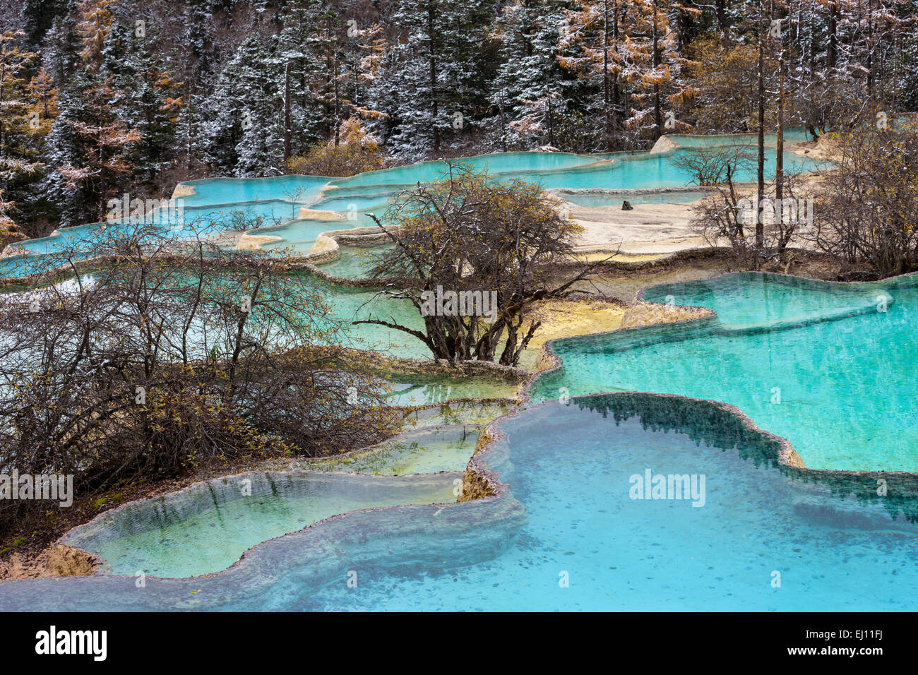 Huanglong, national park, China, Asia, province, Sichuan, UNESCO, world nature heritage, sinter terraces, travertine terraces, na Stock Photo
