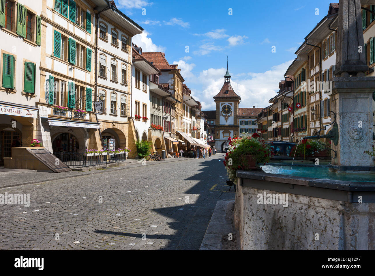 Murten, Switzerland, Europe, canton Freiburg, Fribourg, town, city, Old Town, well Stock Photo