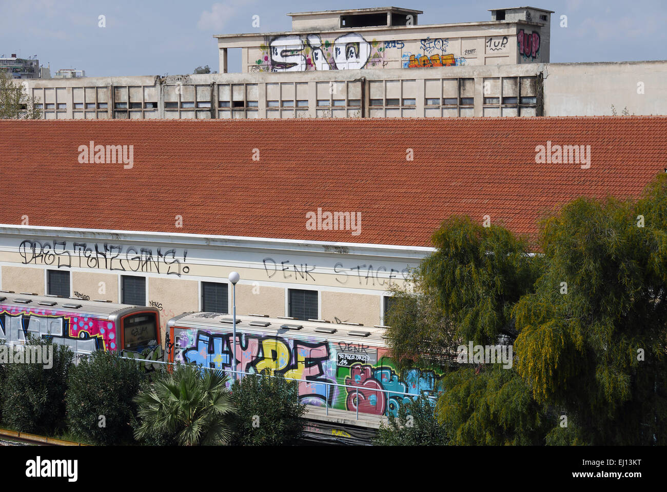 greece attica athens faliro an electric train covered with graffiti Stock Photo