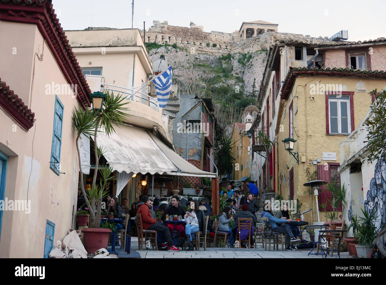 greece attica athens plaka a crowded coffee shop on the steps of Thrasyvoulou Street Stock Photo