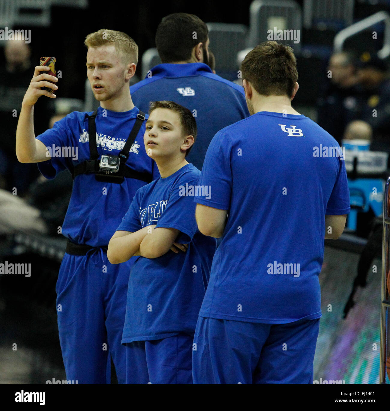 Columbus, OH :Buffalo Bulls equipment manager Jake Sweeney (left) and Bobby Hurley Jr.(Center) keep a watchful eye during the Buffalo Bulls shoot around at the Nationwide Arena on Thursday, March 19, 2015. (Nick LoVerde/Cal Sport Media) Stock Photo
