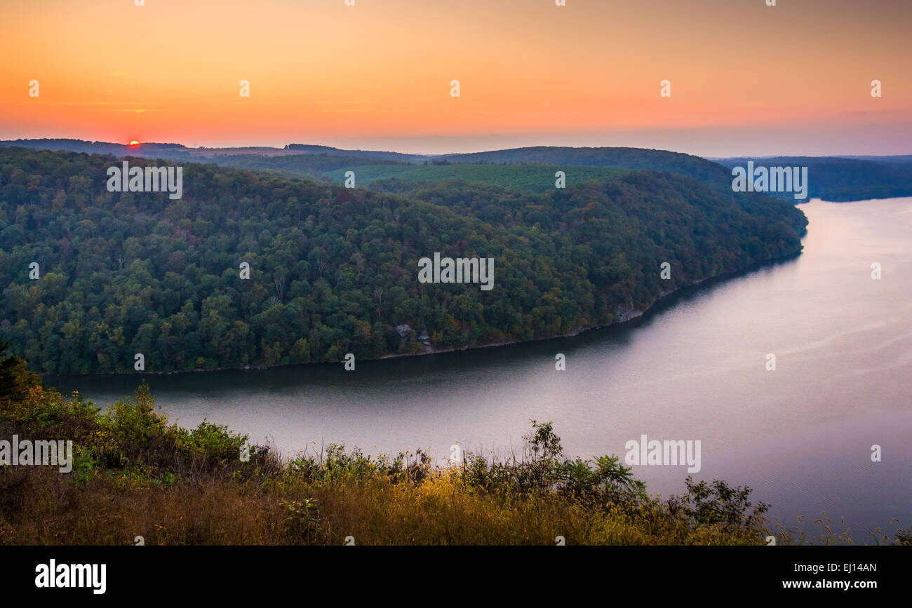 View of the Susquehanna River at sunset, from the Pinnacle in Southern Lancaster County, Pennsylvania. Stock Photo