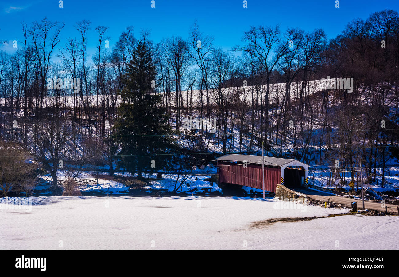 Winter view of White Rock Forge Covered Bridge in Lancaster County, Pennsylvania. Stock Photo