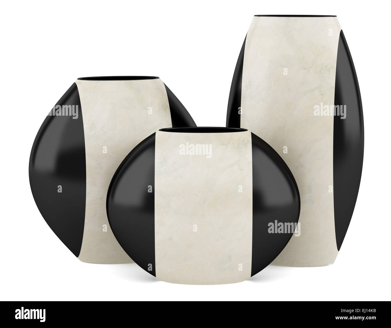 three black and beige ceramic vases isolated on white background Stock Photo