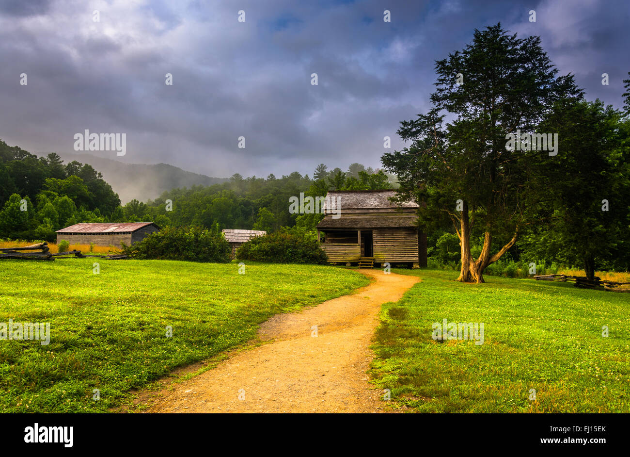 The John Oliver Cabin on a foggy morning at Cade's Cove, Great Smoky Mountains National Park, Tennessee. Stock Photo